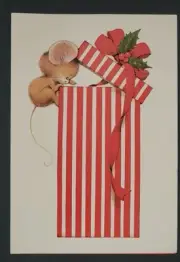 Vintage Christmas Card Mouse Peeking in Red Striped Gift Box Ruth Morehead Art