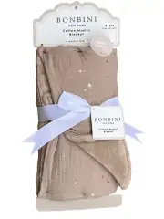 BONBINI Cotton Muslin Baby Blanket Reversible Soft Plush Taupe Gold Stars New