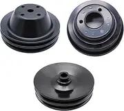 BestParts 3PCS Black Aluminum Double Groove Water Pump; Triple Groove Crankshaft; Double Groove Power Steering Pump Pulley Kit Compatible with SBC Chevy 283-350 Long Water Pump