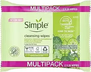 Simple, Kind to Skin, Biodegradable Cleansing Wipes with Vitamin B5, Vitamin E and Pro Amino Acids 50 Pack