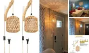 Frideko Plug in Wall Sconces Set of Two Hand Woven Lamp with Cord Rattan