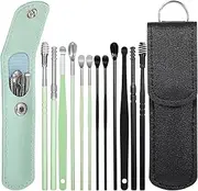 Prasacco 12 Pcs/2 Sets Earwax Removal Kit, Ear Cleaning Tool Set Ear Pick Earwax Removal Kit Stainless Steel Ear Clean Tool Safe Ear Wax Removal Tool Ear Wax Remover with PU Case (Black+Green)