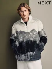 Grey Printed Quarter Zip Neck Fleece (N77839) | $43