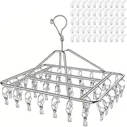 Clothes Drying Rack 60 Clips Large Stainless Steel Laundry Clothesline Hanging Rack Anti-Wind Drying Clothes Hanger Clothespins Windproof Pegs Hook for Socks Underwear Towels (60Clips+50Hooks)