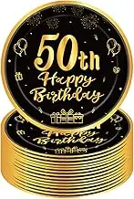 Happy 50th Birthday Paper Plates 9”Black and Gold,16Pcs Disposable Tableware Party Plates,Happy 50th Birthday Decorations Plates for Women,Men,Him,Her 50th Birthday Party Supplies Table Decorations