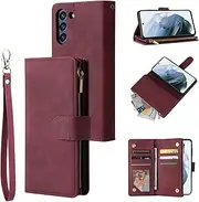 for Samsung Galaxy S21 FE 5G Wallet Case,for Galaxy S21 FE 5G Case,Boyobacase PU Leather Wallet Flip Cover Stand Feature[ 6 Card Slots and 1 Zipper Coin Pocket] with Wrist Strap-Wine Red