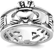 [JewelryWeb] 925 Sterling Silver Solid Polished Artisan Oxidized and Rhodium Irish Claddagh Celtic Trinity Knot Ring Band Style-Ring for Women