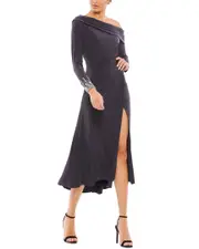 Mac Duggal Foldover Jeweled Midi Dress