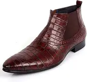 [Generic] Ankle Boot for Men High Top Boot Slip On StyleGenuine Leather Retro Colors Pointed Toe Flats Block Heel Zipper Crocodile Texture Men's Leather Shoes
