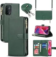 [Cavor] for Oppo A54 5G Case 6.5 inch PU Leather Folio Flip Wallet Back Cover Magnetic Case with Long Shoulder Lanyard Zipper Coin Purse 9 Card Holder Kickstand Wristlet Strap-Green