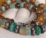19 Inch African Malachite Beaded Necklace With Antique Krobo Evil Eye Beads,Bone