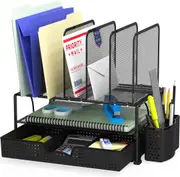 Black Desk Organizer with Sliding Drawer, Double Tray & 5 Upright Sections
