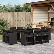 Patio Furniture Set for Garden, Porch & Balcony - Outdoor Dining Table and Chairs, Black Poly Rattan, Removable Cushions, Space Saving, Wicker, 11 Piece