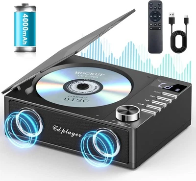 Greadio Portable CD Player with Bluetooth 5.3, 4000mAh Rechargeable Black