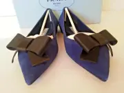 NEW Prada Pointy Bow Flat Ballet Pump Navy Suede /Black Bow 36.5 / 6.5 US