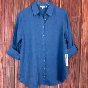Chicos Top No Iron Linen Roll Tab Sleeve Shirt Blue Womens Size 0.5 / US 6 NWT
