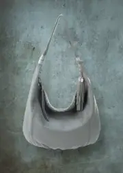 The Sak Fernwood 100% Leather Hobo Bag Dusty Blue Crochet Accents Boho Tassel
