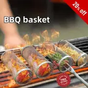 BBQ Rolling Grill Basket Stainless Steel Mesh Cage for Vegetable Fish Outdoor