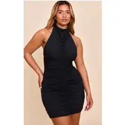 Shape Black Soft Touch High Neck Ruched Mini Dress, Black