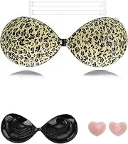 [Kelivy] Sticky Bra Push up, Adhesive Strapless Leopard Bras Padded for Women Dress with Detachable Strap