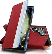 S23 Ultra Leather Case for Samsung Galaxy S23 Ultra 5G 6.8", [Electroplating][Kickstand][PU Leather] Flip Cover Shockproof Anti-Scratch Protective Phone Cases for Samsung S23 Ultra 5G 2023 (Red)