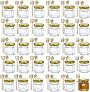 1.5 Oz Hexagon Mini Glass Honey Jars -30Pack Honey Jars with Wood Dipper, Gold L
