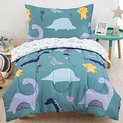 WONGS BEDDING Dinosaur Toddler Bedding Set Green Reversible Toddler Comforter Ultra Soft Microfiber Toddler Bed Set for Baby Boys 4 Pieces Includes Comforter,Flat Sheet,Fitted Sheet and Pillowcase