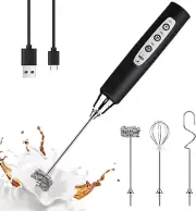 Black Handheld Milk Frother Wand, Rechargeable Electric Whisk, 3 Heads, 3 Speeds