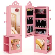Costway 3-in-1 Jewelry Cabinet Armoire w/Full Length Mirror & Clothes Rack Storage Organizer Pink