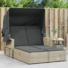 vidaXL Double Sun Lounger with Canopy and Cushions Light Grey Poly Rattan