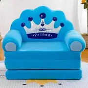 Kids Fold Out Couch, Couch for Toddlers 1-3, 2-in-1 Foldable Princess Chair for Toddlers, Mini Couch for Kids Reading and Napping, for Girls, Crown Blue