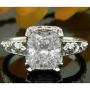 Art Deco Vintage Style 3.0Ct Emerald Lab-Created Diamond Ring 14k White Gold FN