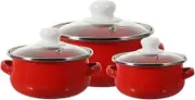 CATIEBYE 3Pcs Enamel Cooking Pot Set Double Handle Flat Bottom Soup Pan for Noodles Milk and Sauces Stylish Decorative Kitchen Cookware Red