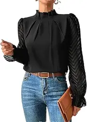[Generic] Women Spring Patchwork Wave Pattern Chiffon Long Sleeved Top Elegant Office Solid Pullover Blouse