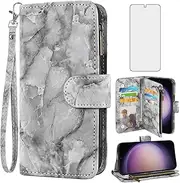 [Asuwish] Phone Case for Samsung Galaxy S23 5G Wallet Cell Cover with Tempered Glass Screen Protector and Marble Leather Flip Credit Card Holder Slot Stand S 23 23S GS23 G5 SM-S911U 6.1 inch Women Grey