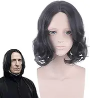 MAGGAZ Cosplay Wig Movie Severus Snape Black Wig Cosplay Professor Snape Curly Wig Halloween Role Play Costumes Wigs+ Wig Cap for Coser