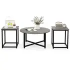 3 Piece Coffee Table Set Round Coffee Table & 2 Square End Tables w/ Metal Frame