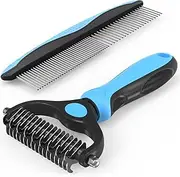 Pet Grooming Combo - Blue Deshedding Brush with Metal Comb for Detangling and Removing Matted Fur on Long-Haired Cats and Dogs.