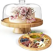 Cake Stand with Acrylic Lid, Bamboo Dome Cover Multifunction 6 In 1 Cake Holder Serving Platter, Round Veggie, Dessert Stand And Salad Bowl, Decorative Display Cake Stands With lid