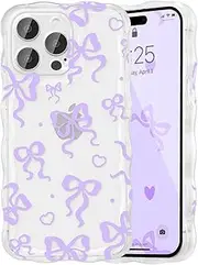 UEEBAI Cute Bow Case for iPhone 13 Pro Max, Wavy Ribbon Bow Case Pretty Aesthetic Case Cute Curly Clear Case Stylish Soft Bow Phone Case Pretty Clear Wavy Case for Women Girl - Purple