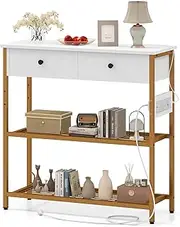 Giantex Entryway Table with Charging Station, Narrow Console Table with 2 Drawers & 2 Metal Mesh Shelves, Coffee Bar Table with Power Outlets for Living Room, Foyer, Couch, White and Gold