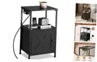End Table with Charging Station, Bed Side Table with Open Shelf and Black
