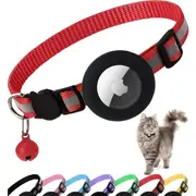Detachable Reflective Cat Collar with Apple Air Tag Holder and Bell for Male and Female Cats, 0.4 Inch Wide and Lightweight (Red)