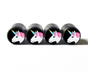 Colorful Unicorn (Type 3) Emoji Tire Valve Caps - Black Aluminum - Set of Four