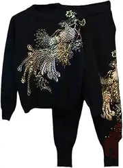 [UIOKLMJH] Autumn Velvet Thick Two Piece Sets Women Black Work Beaded Sequin Tracksuit Women Pullover + Harem Pants Outfits, Black Thickened, XX-Large