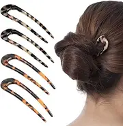 [4 Pack] Benefree French Style Cellulose Acetate Tortoise Shell U Shaped Hair Pin Fork 2 Prong Updo Chignon Pin for Women Girls Hairstyle Accessories（Tortoiseshell and White Tortoiseshell)