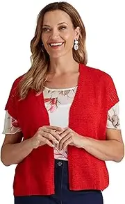 [MILLERS WOMAN] Womens Cardigans - Long - Straight Hem - Red - Collar - Basic Print - Relaxed Fit - Polyamide - Acrylic - Short Sleeves Extended Sleeve Tape Yarn Shrug - Designer Womens Clothing