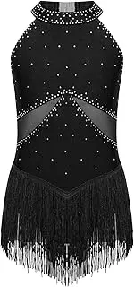 [Aislor] Kids Girls Sleeveless Halter Neck Fringe Figure Ice Skating Dance Dress Rumba Samba Salsa Latin Dance Dress