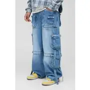 Mens Baggy Rigid Multi Pocket Cargo Strap Denim Jean In Light Blue