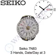Genuine Seiko 7N83 Watch Movement 3 Hands, Date/Day at 3